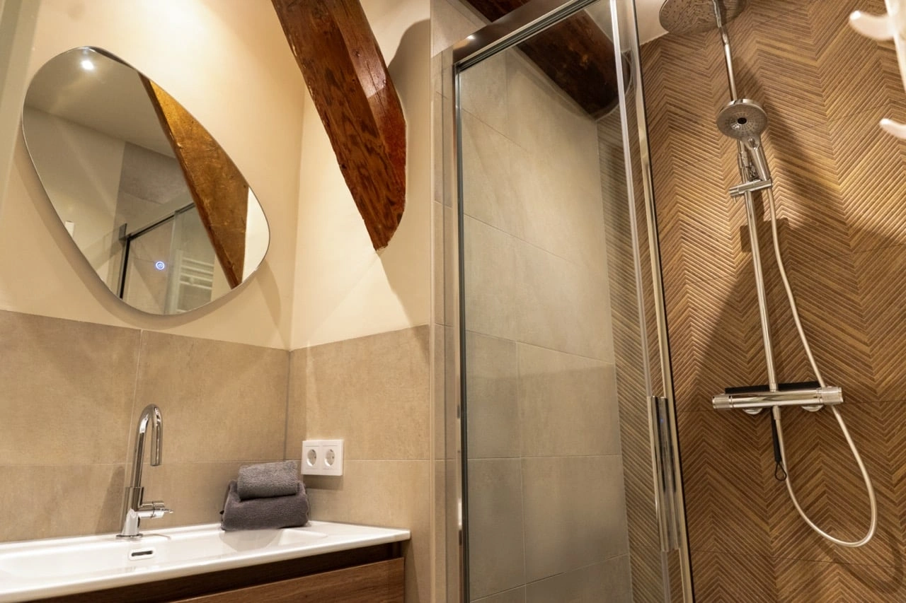 Badkamer met douche en authentieke balken